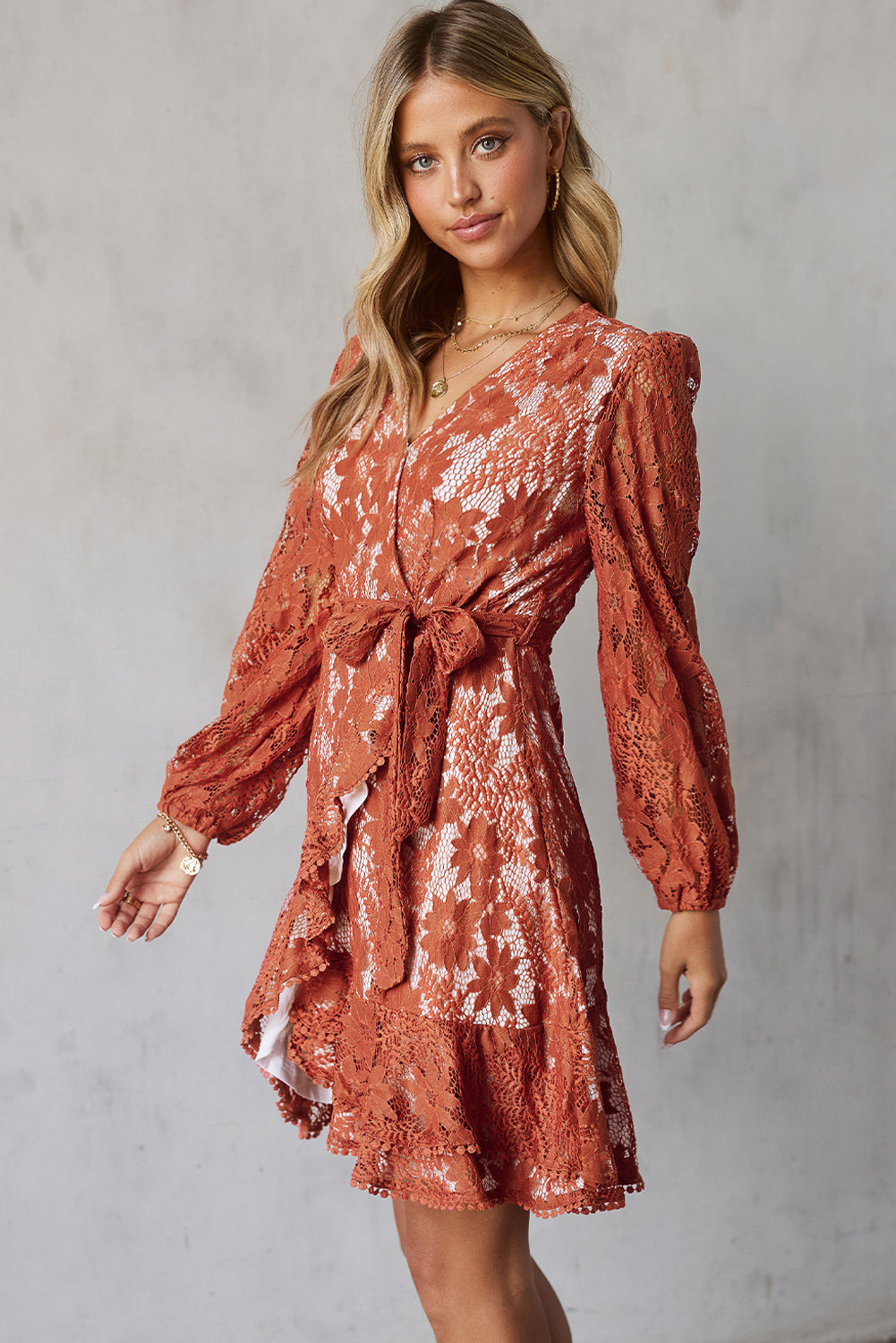 Puff Sleeve Belted Lace Dress - [NUDRESS]